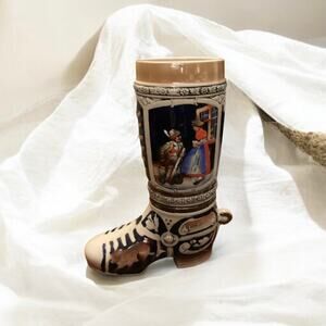 Vintage Boot Beer Stein, West Germany Folklore Images, Oktoberfest Souvenir Mug